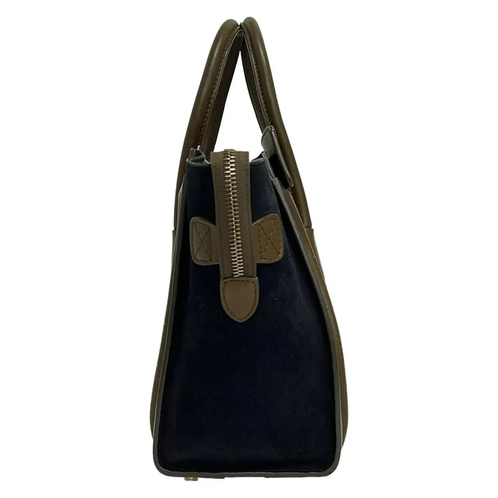 Celine Luggage Micro Shopper Handbag Dark Brown Beige Dark Navy Bullhide